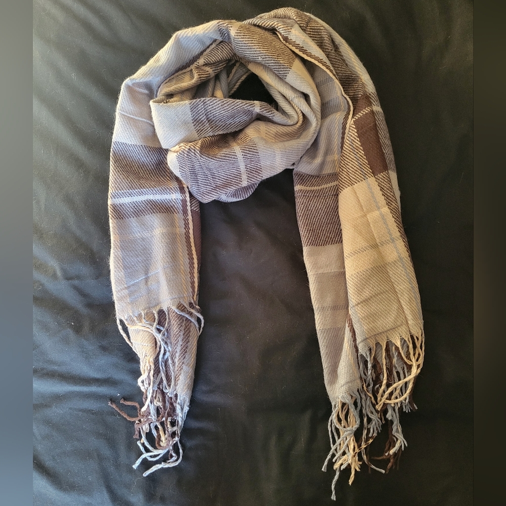 Plaid Fringe Scarf in Brown and Blue